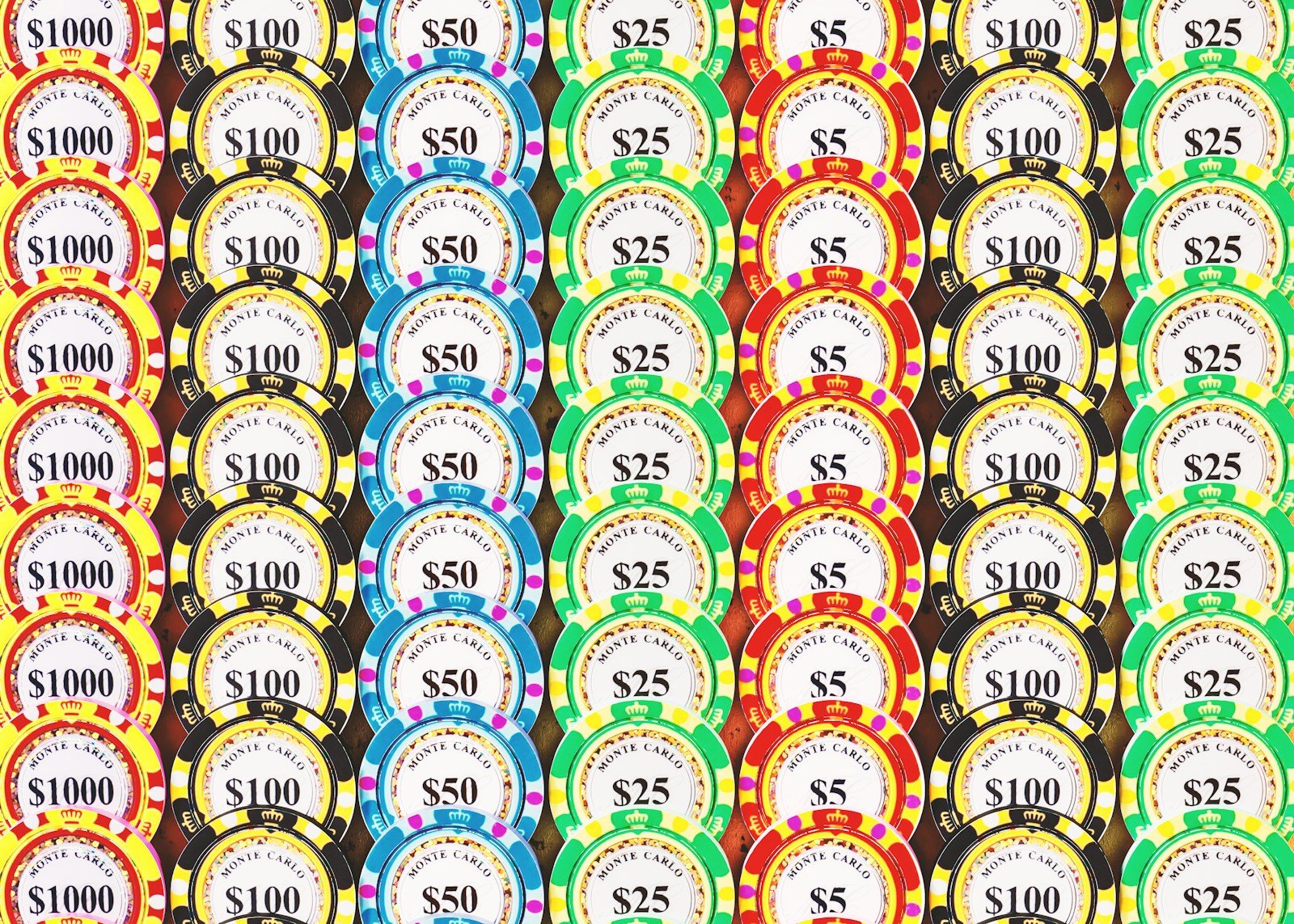 A lot of different colored casino chips